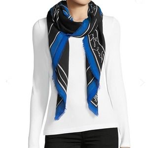 Karl Lagerfeld Paris Designer Signature Scarf Silk Blend Fringe Black BLue